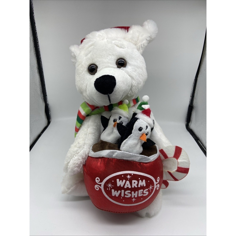 Gemmy Christmas Polar Bear Plush Warm Wishes Mug Penguins Santa Hat Scarf 10"